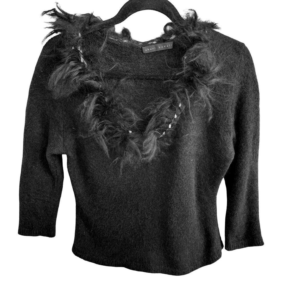 Sheri Bodell Y2K Whimsigoth Edgy Shaggy Faux Fur Trim Knit Babydoll Sweater S